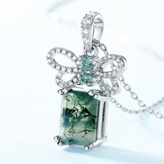 Unique 7x9mm Emerald Cut Moss Agate Bow Knot Neckalce Pendant