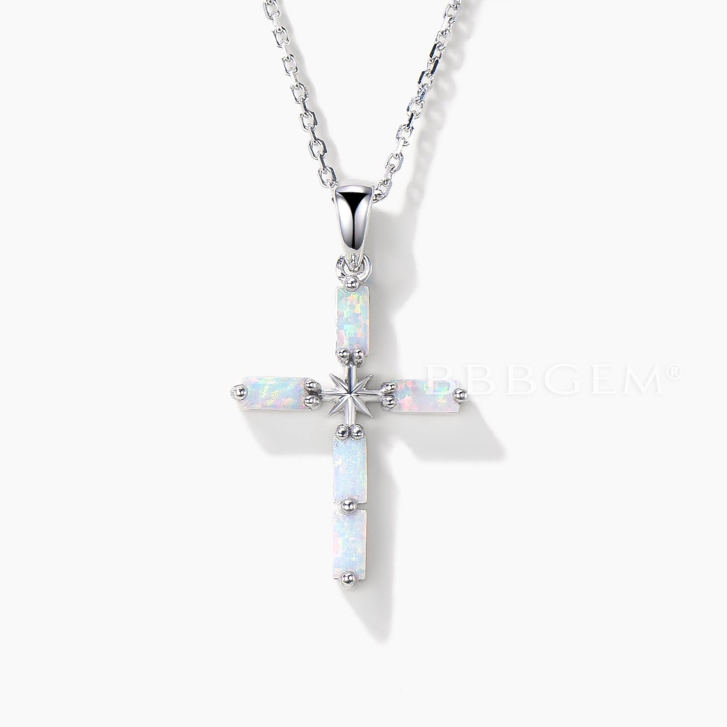 Baguette Cut White Opal Cross Necklace White Gold Starburst 5 Stone Pendant