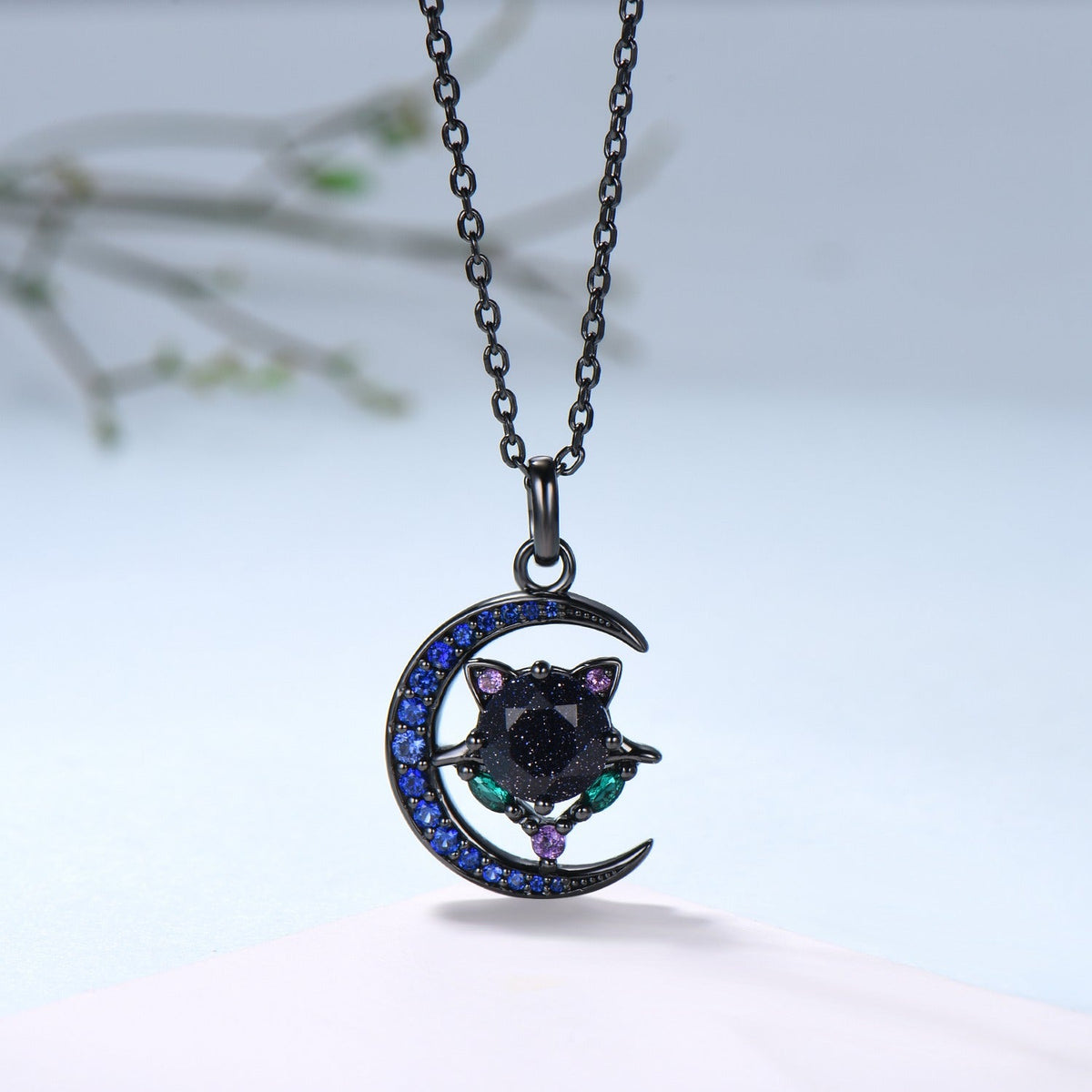 Unique Black Gold Blue Sandstone Necklace Magic Crescent Moon Devil Pendant Necklace Sapphire Emerald Gothic Anniversary Gift for Daughter