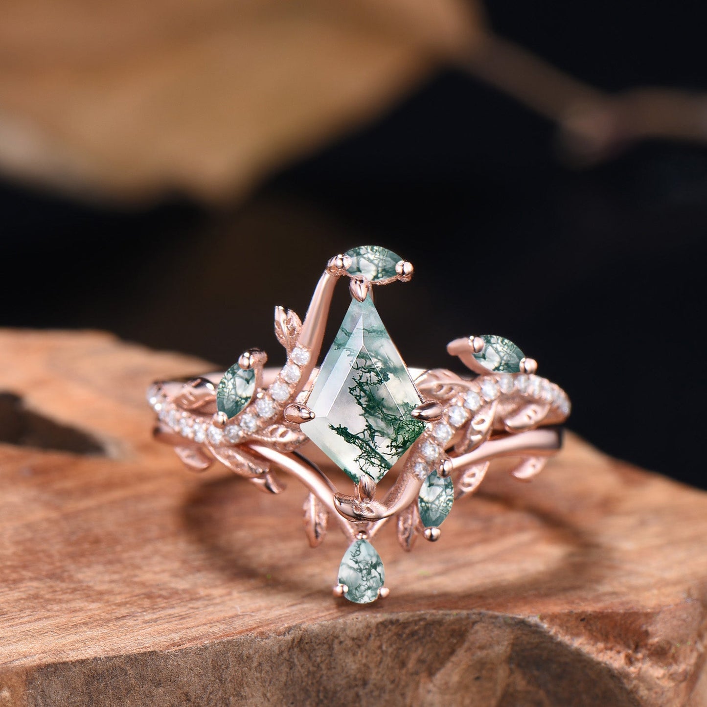 Kite Cut Natural Moss Agate Leaf Engagement Ring Diamond Snake Wedding Ring Set
