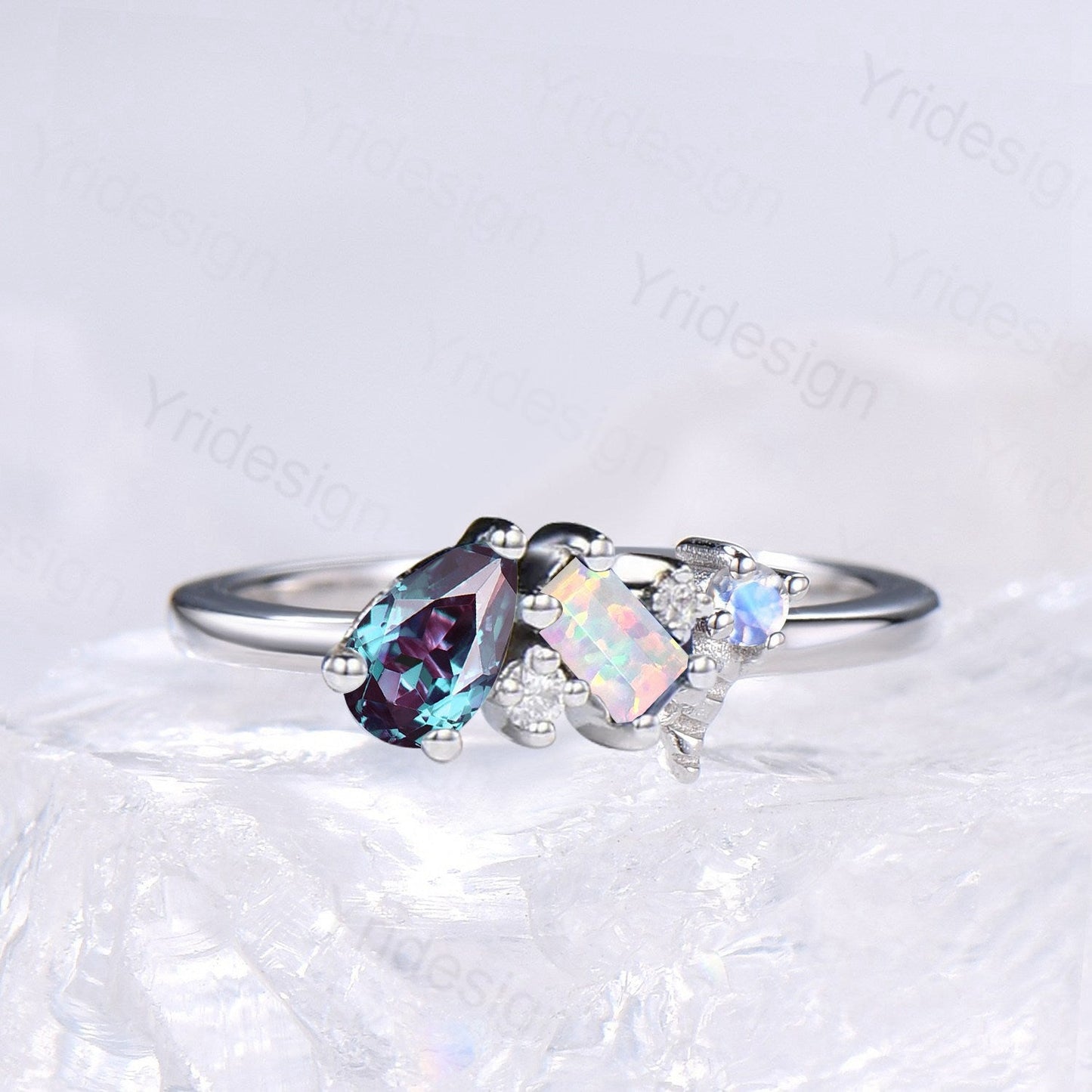 Dainty Moonstone, Opal, and Alexandrite Multi-Gemstone Promise Ring | Celestial Cluster