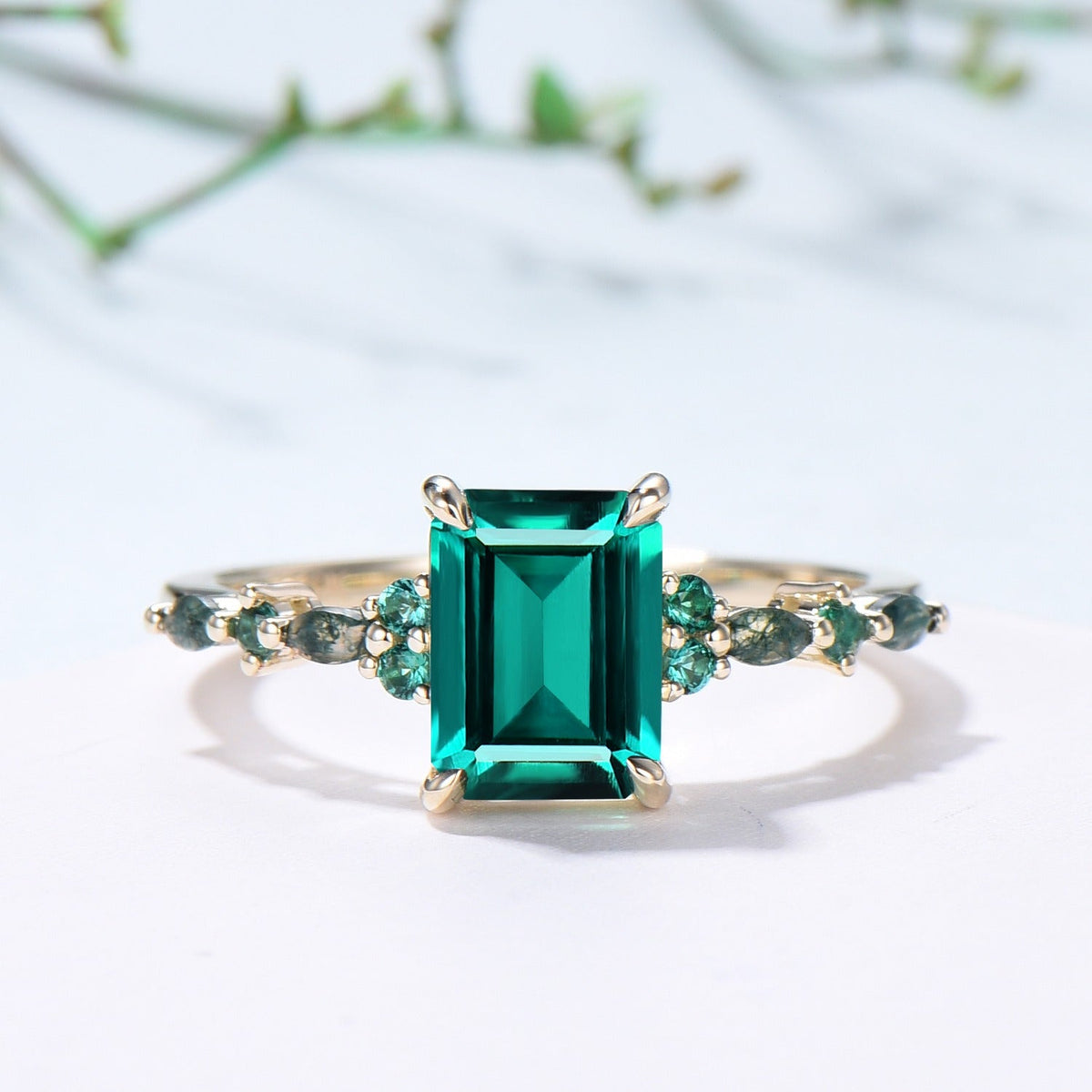 Vintage Emerald Cut Emerald Engagement Ring Unique Marquise Moss Agate Wedding Ring Women Gold Green Gemstone Promise Anniversary Ring Gift