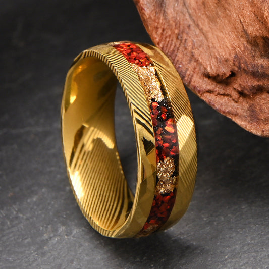 Bold 8mm Damascus Steel Wedding Band, Striking Red Opal & Gold Wire Design, Gold Plated Men's Statement Ring