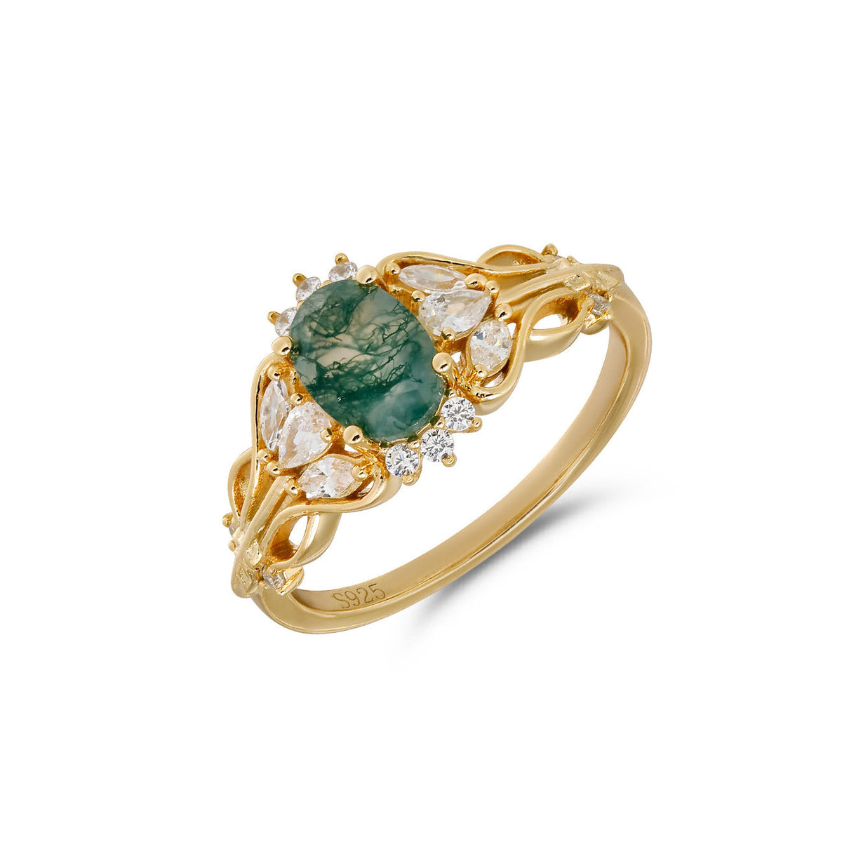 Oval Moss Agate Hollow Ring