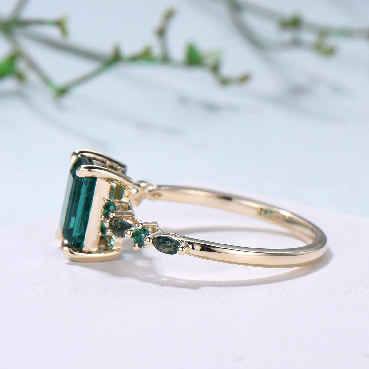 Vintage Emerald Cut Emerald Engagement Ring Unique Marquise Moss Agate Wedding Ring Women Gold Green Gemstone Promise Anniversary Ring Gift
