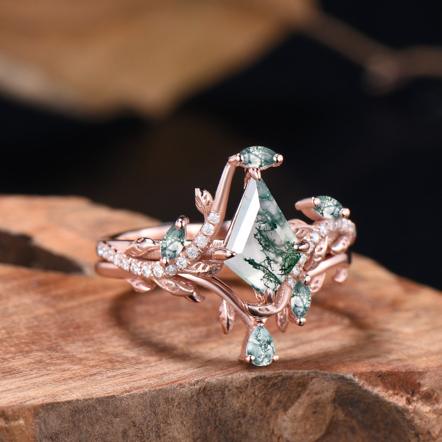 Kite Cut Natural Moss Agate Leaf Engagement Ring Diamond Snake Wedding Ring Set