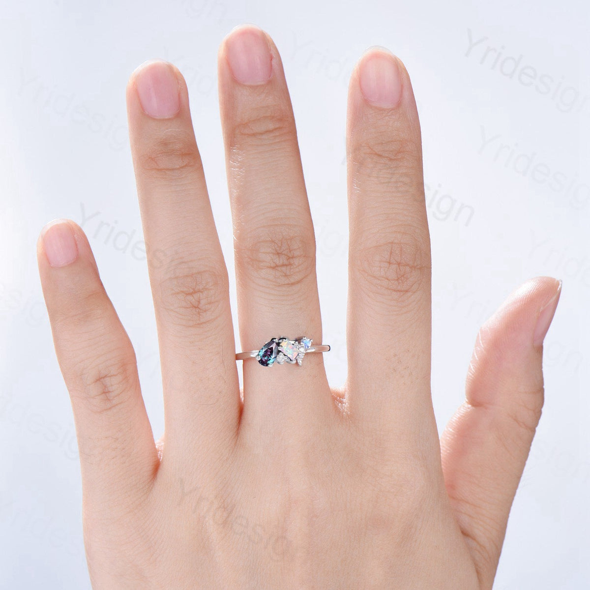 Dainty Moonstone, Opal, and Alexandrite Multi-Gemstone Promise Ring | Celestial Cluster