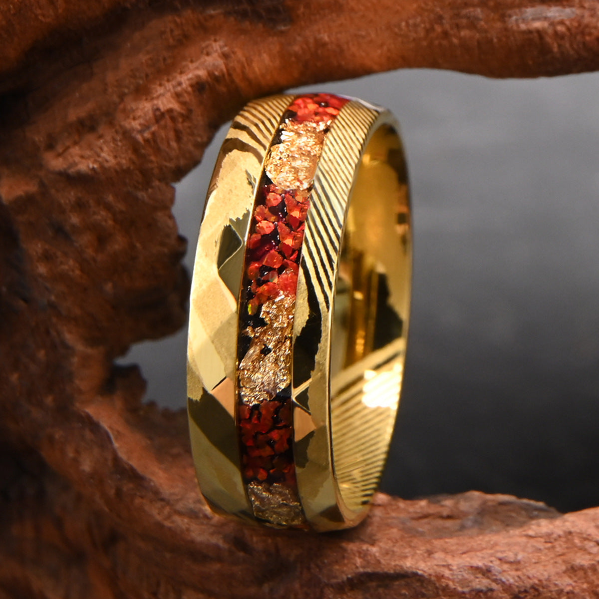 Bold 8mm Damascus Steel Wedding Band, Striking Red Opal & Gold Wire Design, Gold Plated Men's Statement Ring