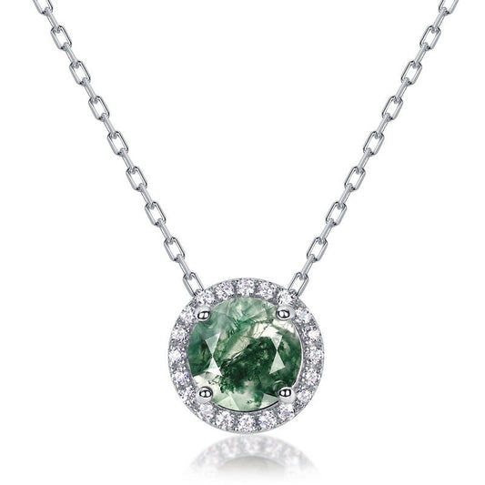 Classic 8mm Round Halo Natural Moss Agate Necklace