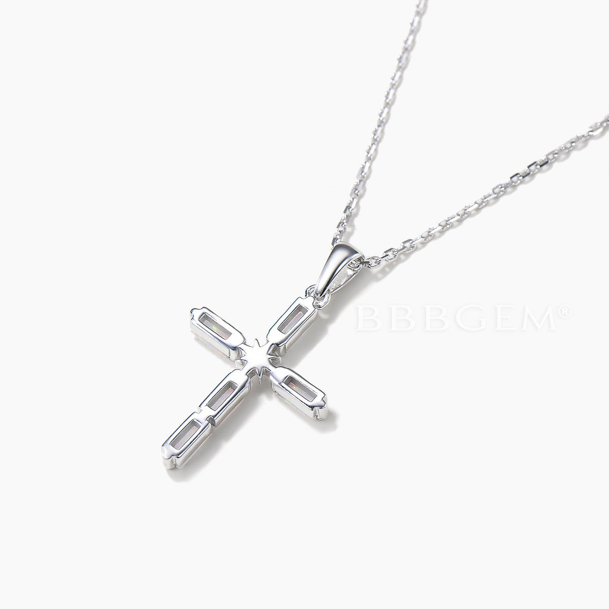 Baguette Cut White Opal Cross Necklace White Gold Starburst 5 Stone Pendant