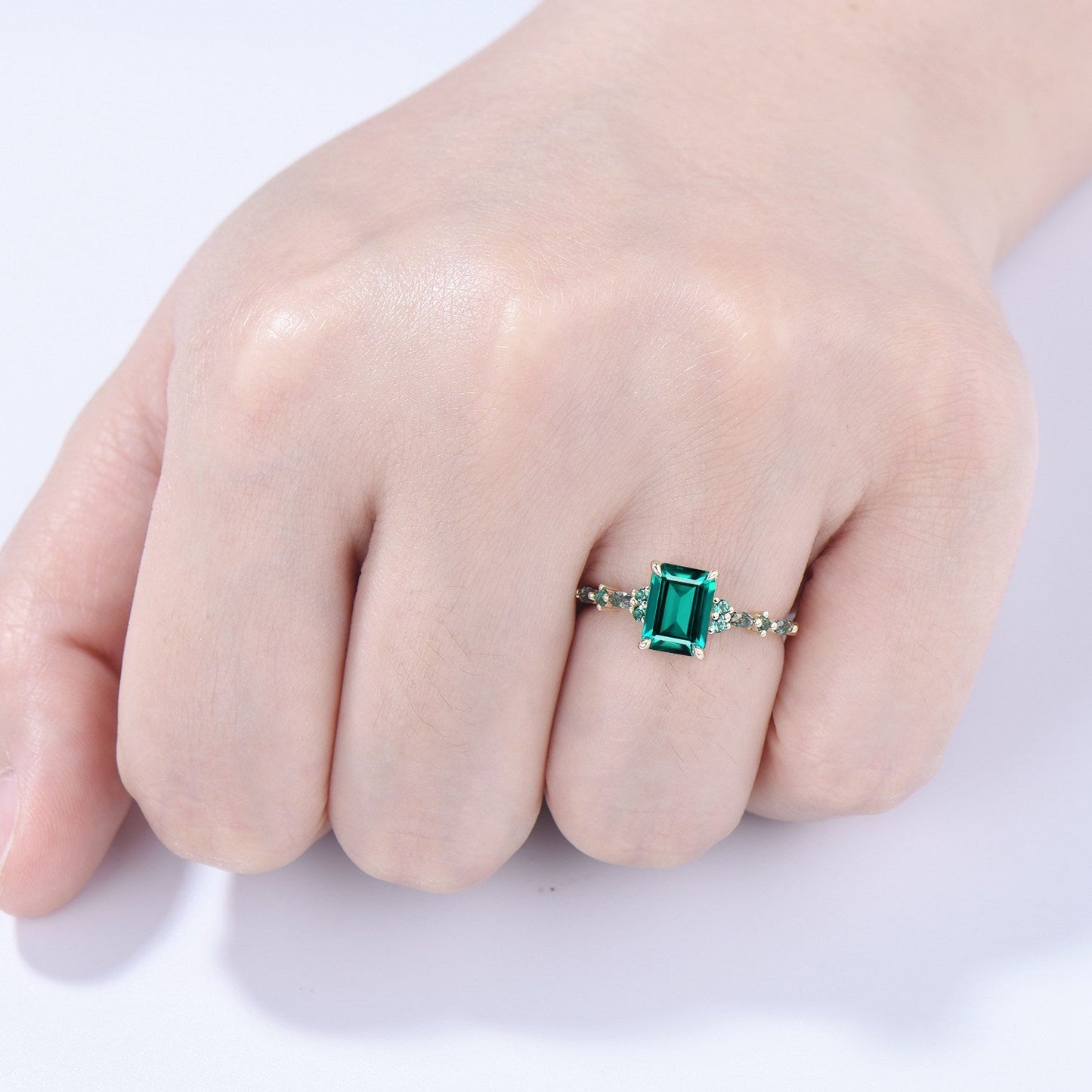 Vintage Emerald Cut Emerald Engagement Ring Unique Marquise Moss Agate Wedding Ring Women Gold Green Gemstone Promise Anniversary Ring Gift