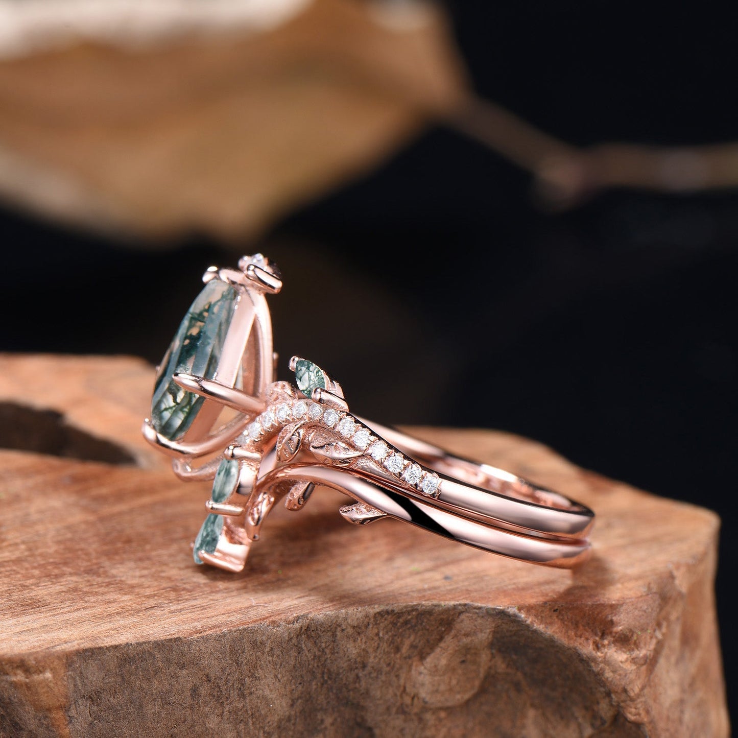 Kite Cut Natural Moss Agate Leaf Engagement Ring Diamond Snake Wedding Ring Set