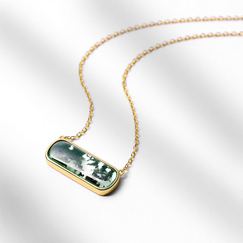 Bezel Set Moss Agate Horizontal Bar Necklace
