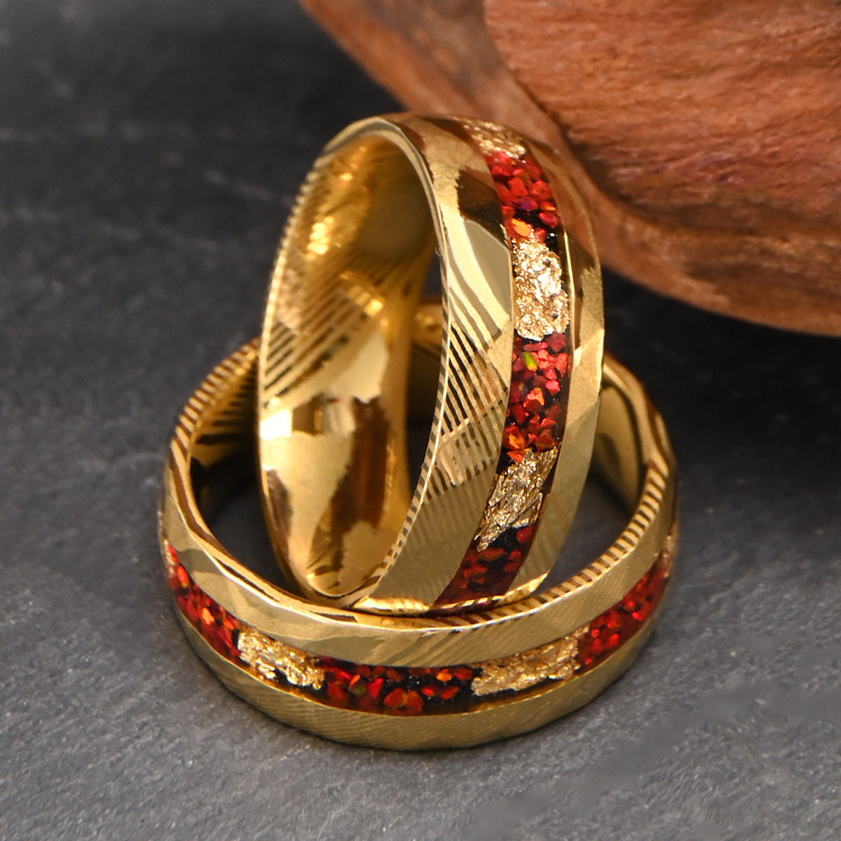 Bold 8mm Damascus Steel Wedding Band, Striking Red Opal & Gold Wire Design, Gold Plated Men's Statement Ring