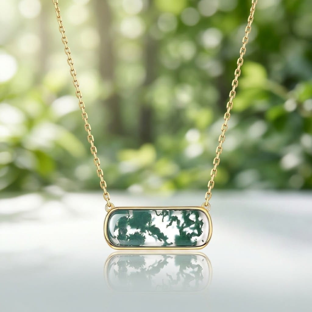 Bezel Set Moss Agate Horizontal Bar Necklace