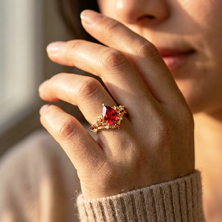 Scarlett’s Twig | Vintage Pear Red Ruby & Diamond Floral Bridal Set 2pcs