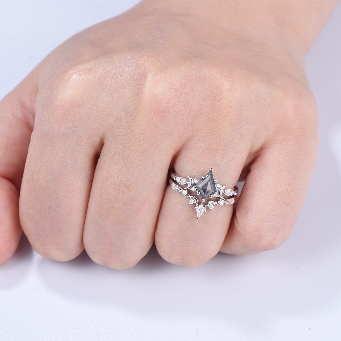 Unique kite cut salt and pepper diamond ring set natural pepper engagement ring 18k white gold bridal wedding set handmade anniversary gift
