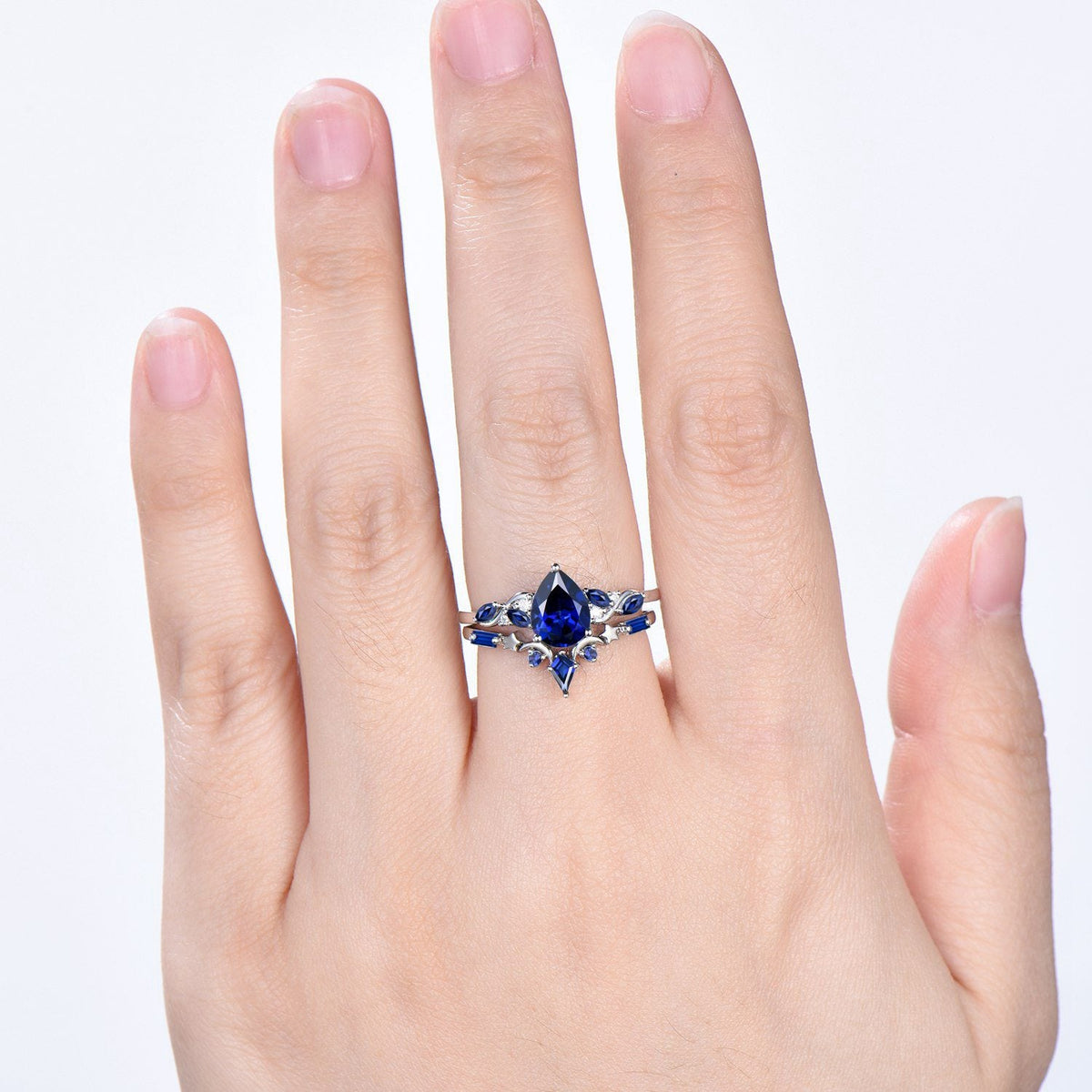 Vintage Pear Shaped Blue Sapphire Engagement Ring Set, 14k Rose Gold Sapphire Wedding Set Unique September Birthstone Proposal Gift for Her