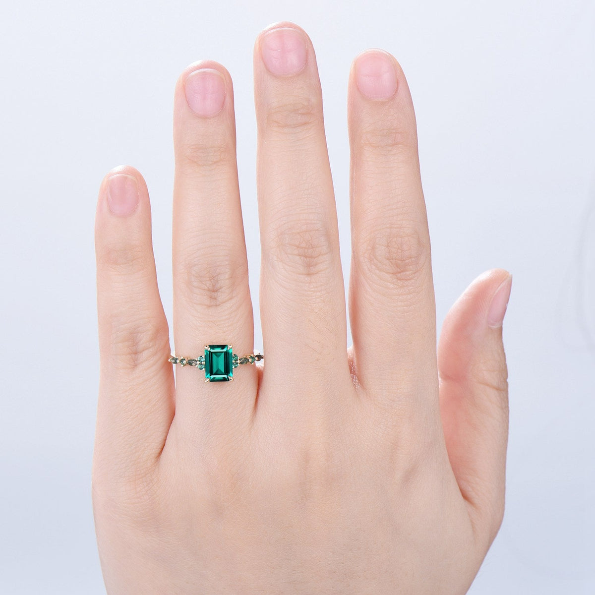 Vintage Emerald Cut Emerald Engagement Ring Unique Marquise Moss Agate Wedding Ring Women Gold Green Gemstone Promise Anniversary Ring Gift