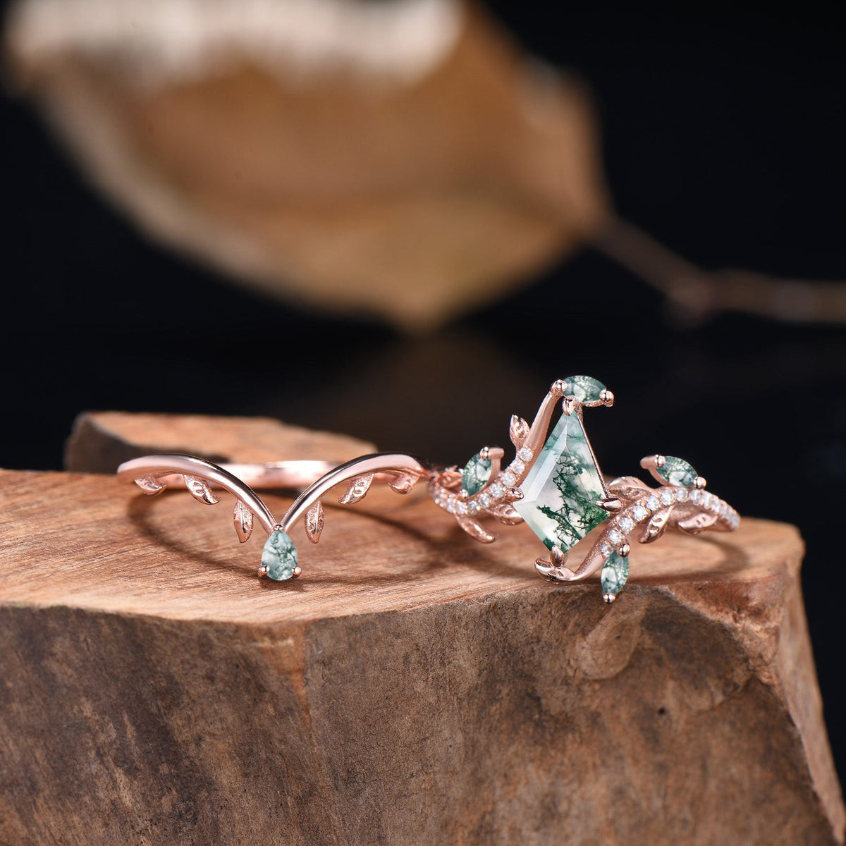 Kite Cut Natural Moss Agate Leaf Engagement Ring Diamond Snake Wedding Ring Set