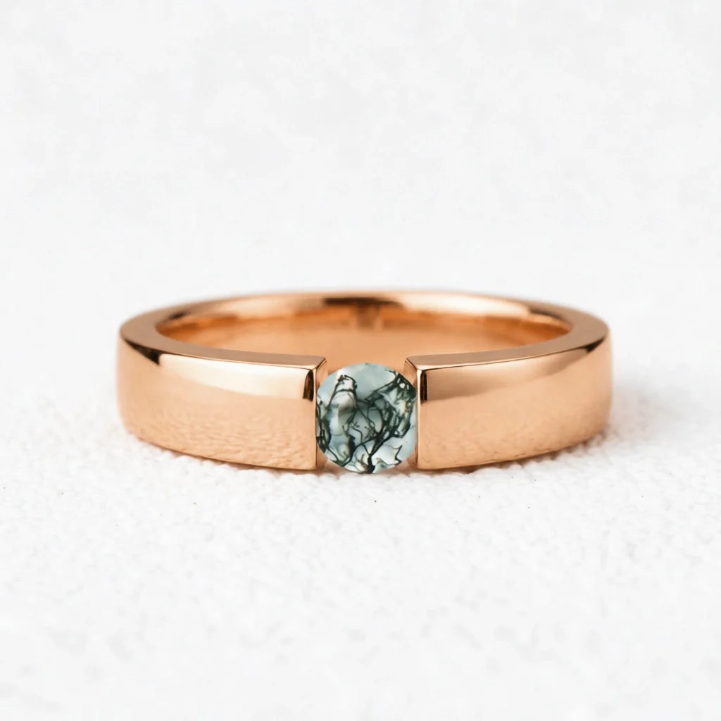 One Stone | Minimalist Solitaire Round Moss Agate Women’s Engagement Ring