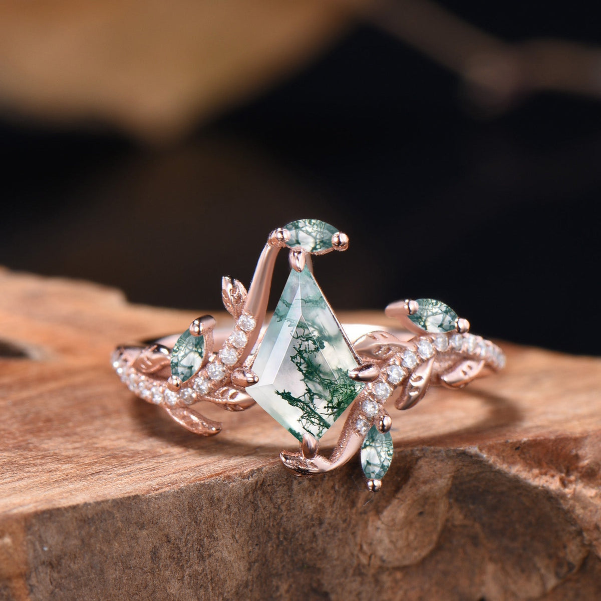 Kite Cut Natural Moss Agate Leaf Engagement Ring Diamond Snake Wedding Ring Set