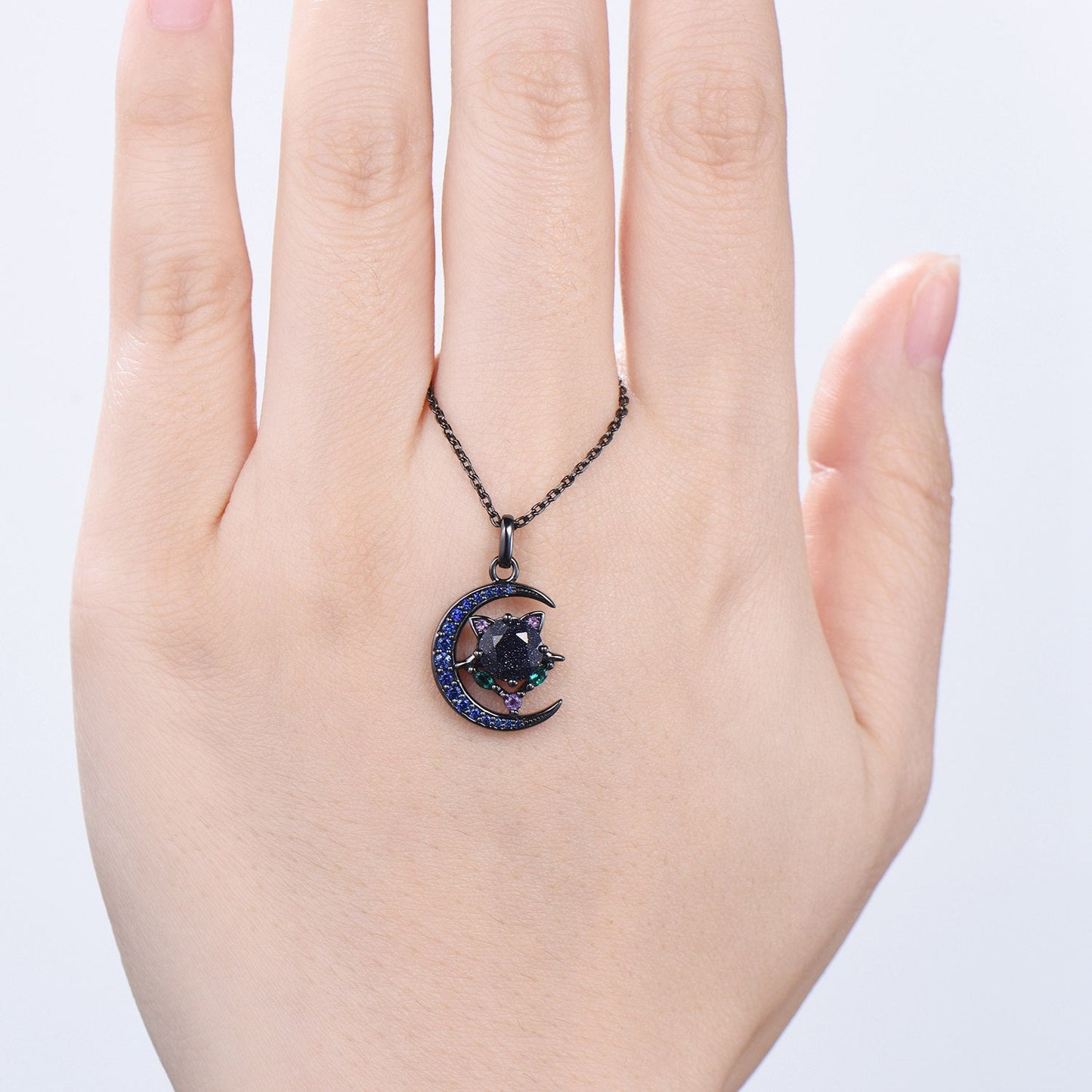 Unique Black Gold Blue Sandstone Necklace Magic Crescent Moon Devil Pendant Necklace Sapphire Emerald Gothic Anniversary Gift for Daughter