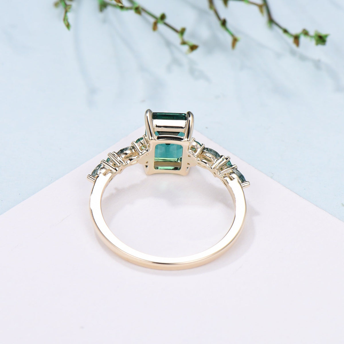 Vintage Emerald Cut Emerald Engagement Ring Unique Marquise Moss Agate Wedding Ring Women Gold Green Gemstone Promise Anniversary Ring Gift