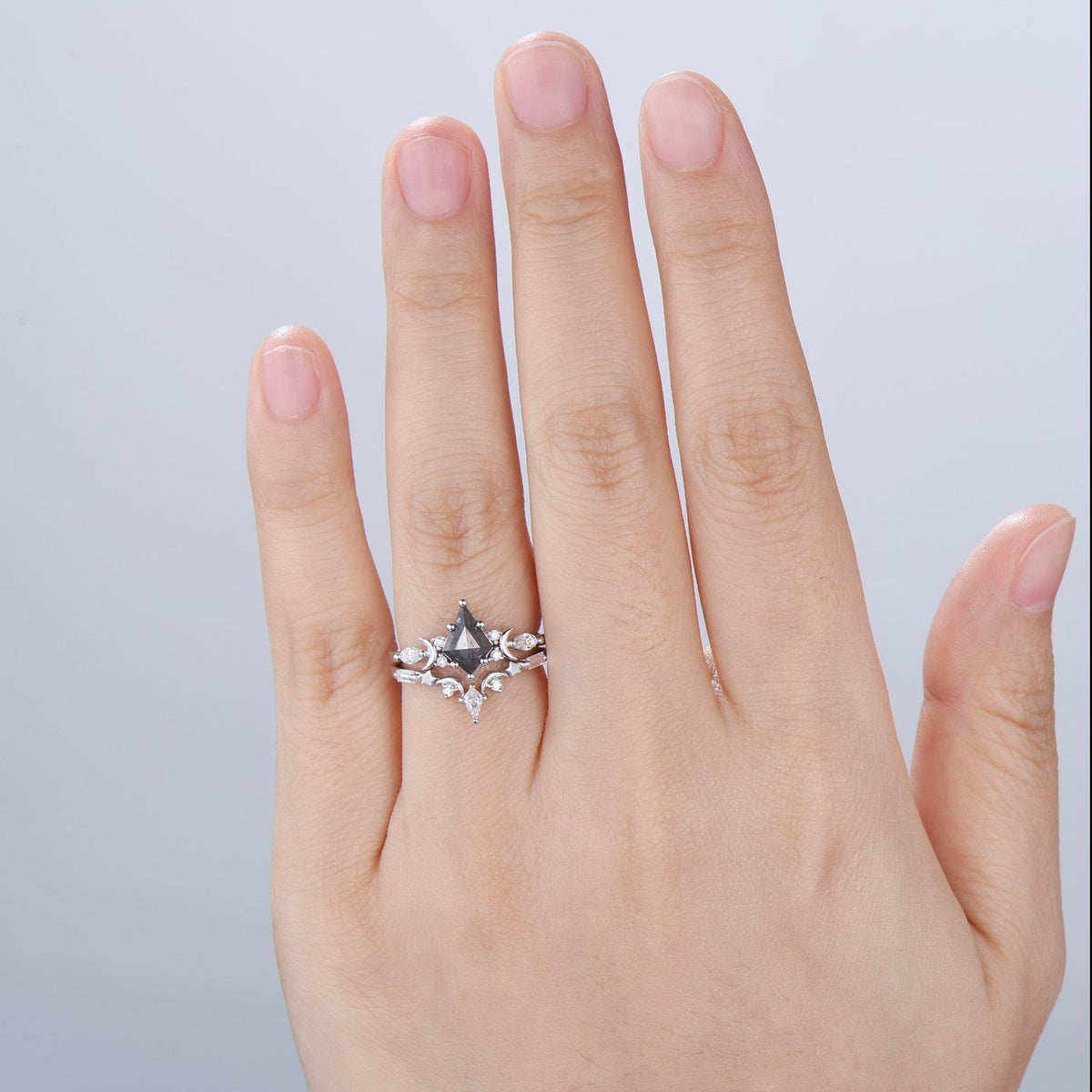 Unique kite cut salt and pepper diamond ring set natural pepper engagement ring 18k white gold bridal wedding set handmade anniversary gift