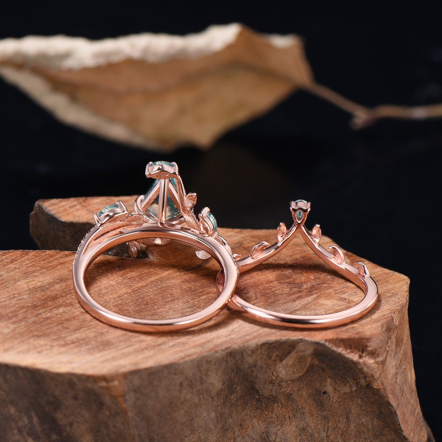 Kite Cut Natural Moss Agate Leaf Engagement Ring Diamond Snake Wedding Ring Set