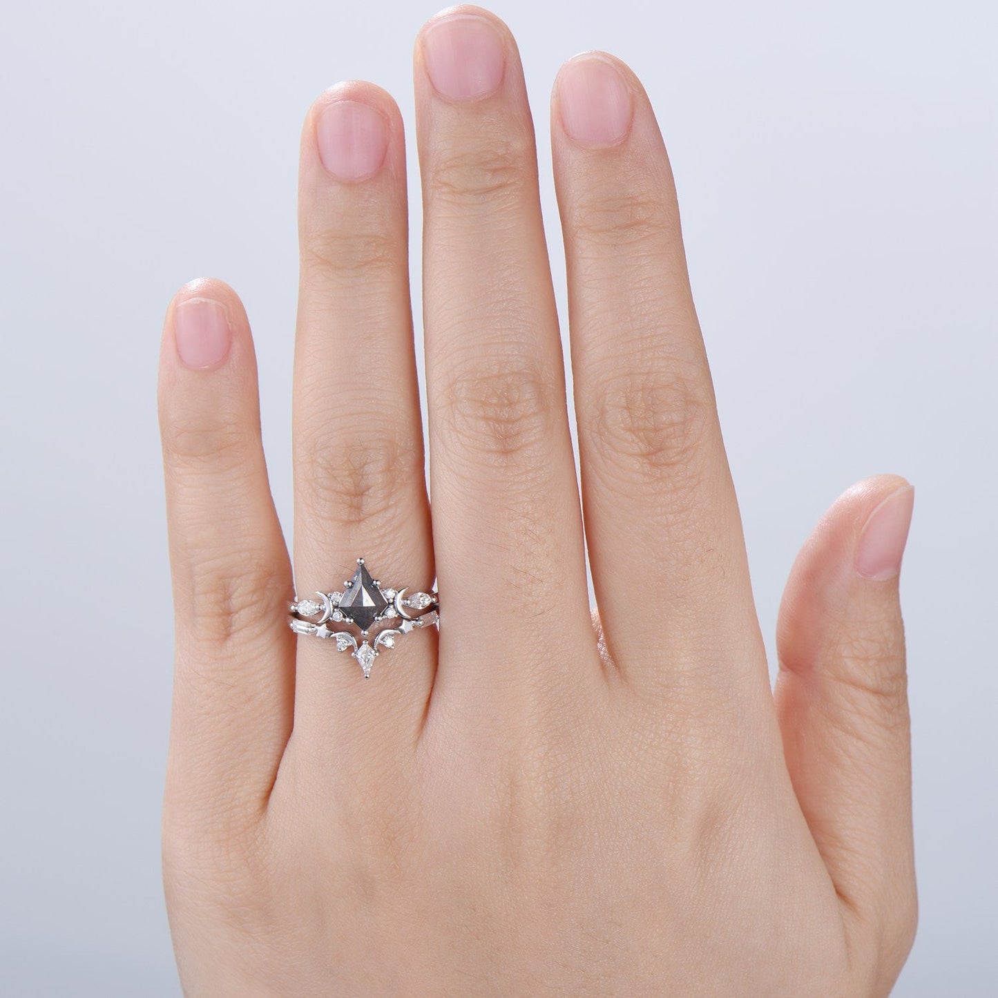 Unique kite cut salt and pepper diamond ring set natural pepper engagement ring 18k white gold bridal wedding set handmade anniversary gift