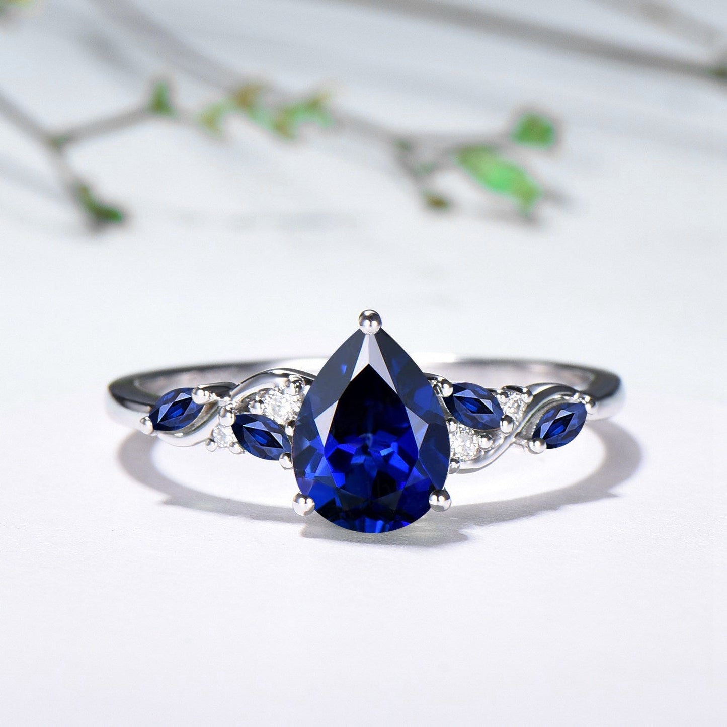 Vintage Pear Shaped Blue Sapphire Engagement Ring Set, 14k Rose Gold Sapphire Wedding Set Unique September Birthstone Proposal Gift for Her