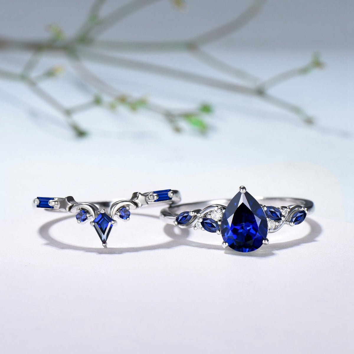 Vintage Pear Shaped Blue Sapphire Engagement Ring Set, 14k Rose Gold Sapphire Wedding Set Unique September Birthstone Proposal Gift for Her