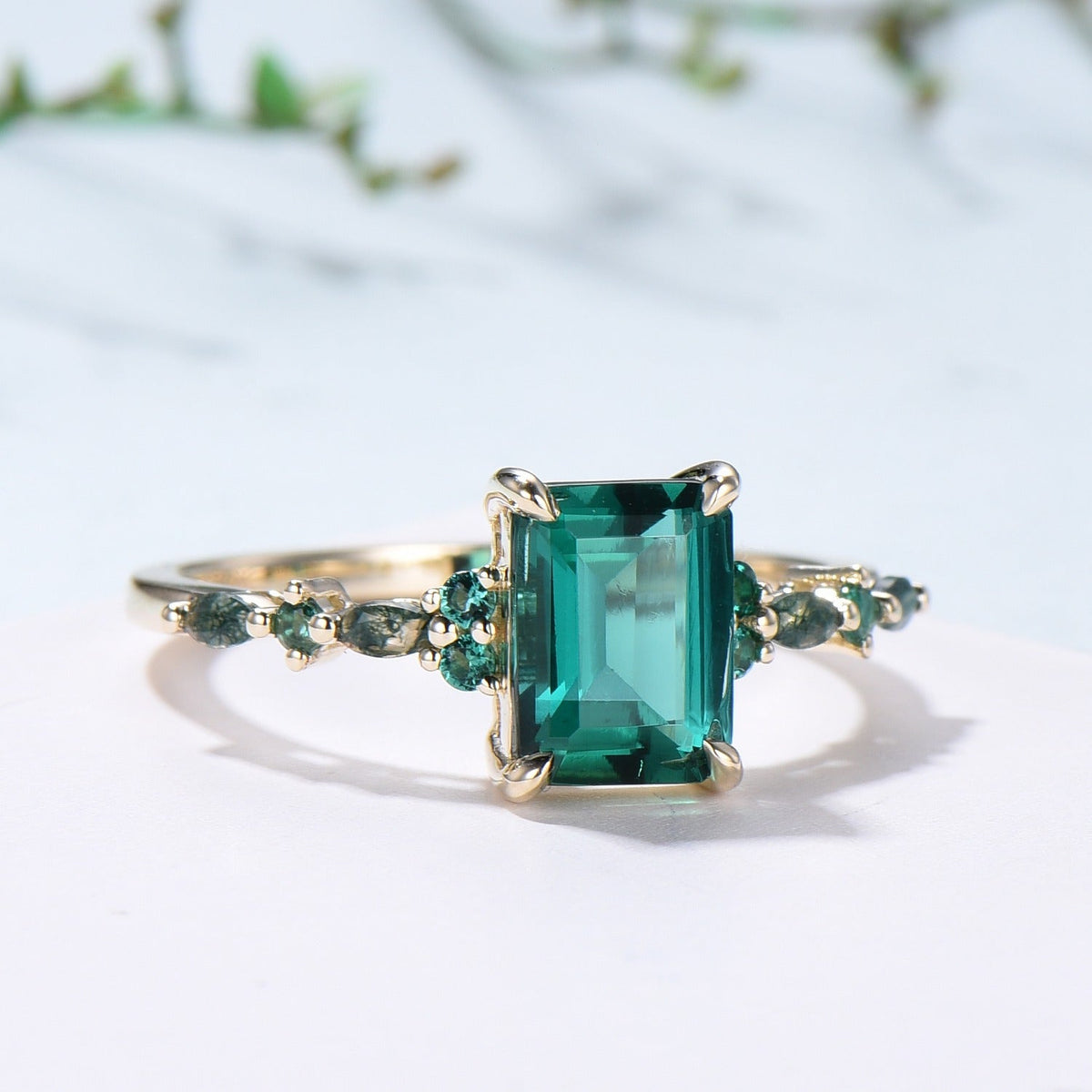 Vintage Emerald Cut Emerald Engagement Ring Unique Marquise Moss Agate Wedding Ring Women Gold Green Gemstone Promise Anniversary Ring Gift