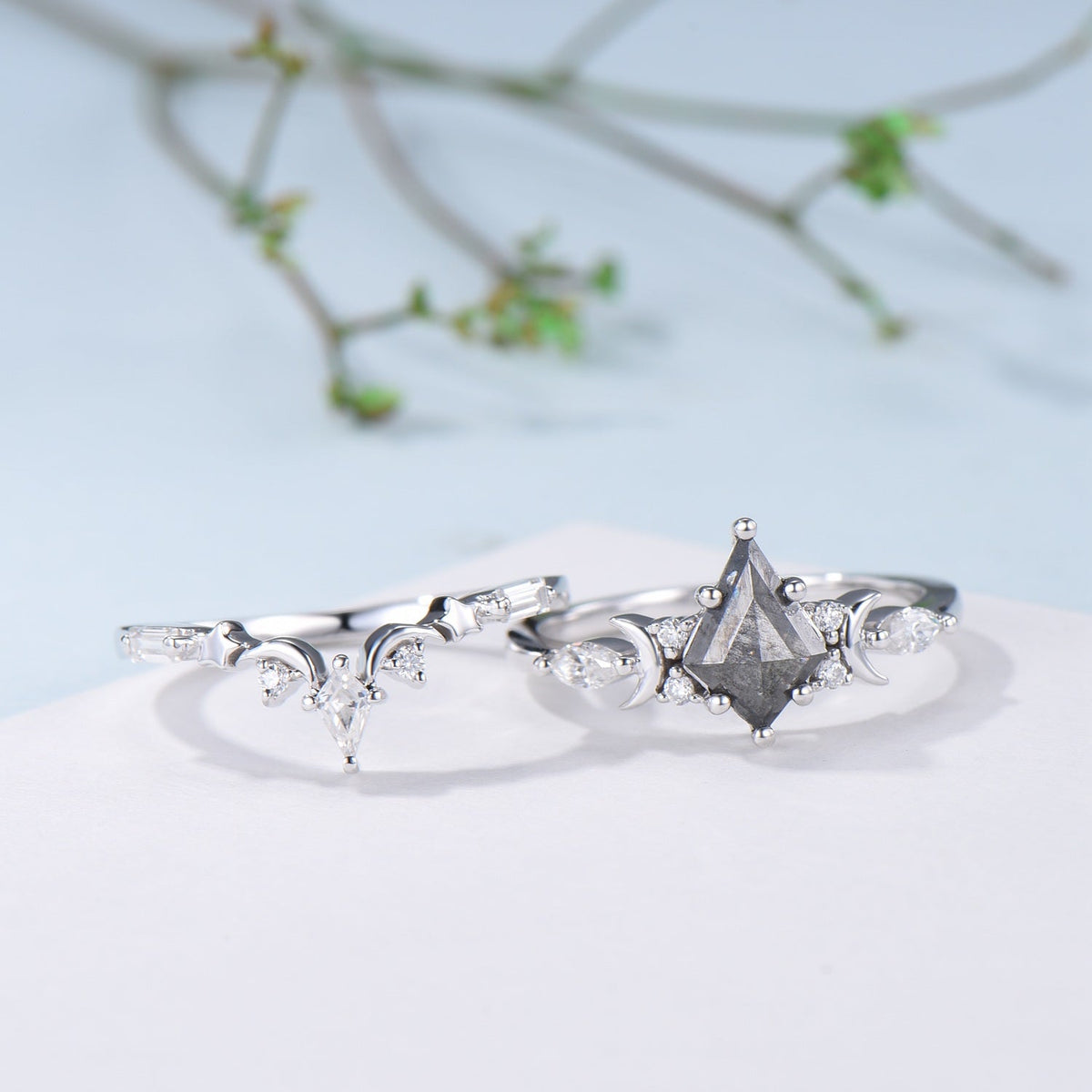 Unique kite cut salt and pepper diamond ring set natural pepper engagement ring 18k white gold bridal wedding set handmade anniversary gift