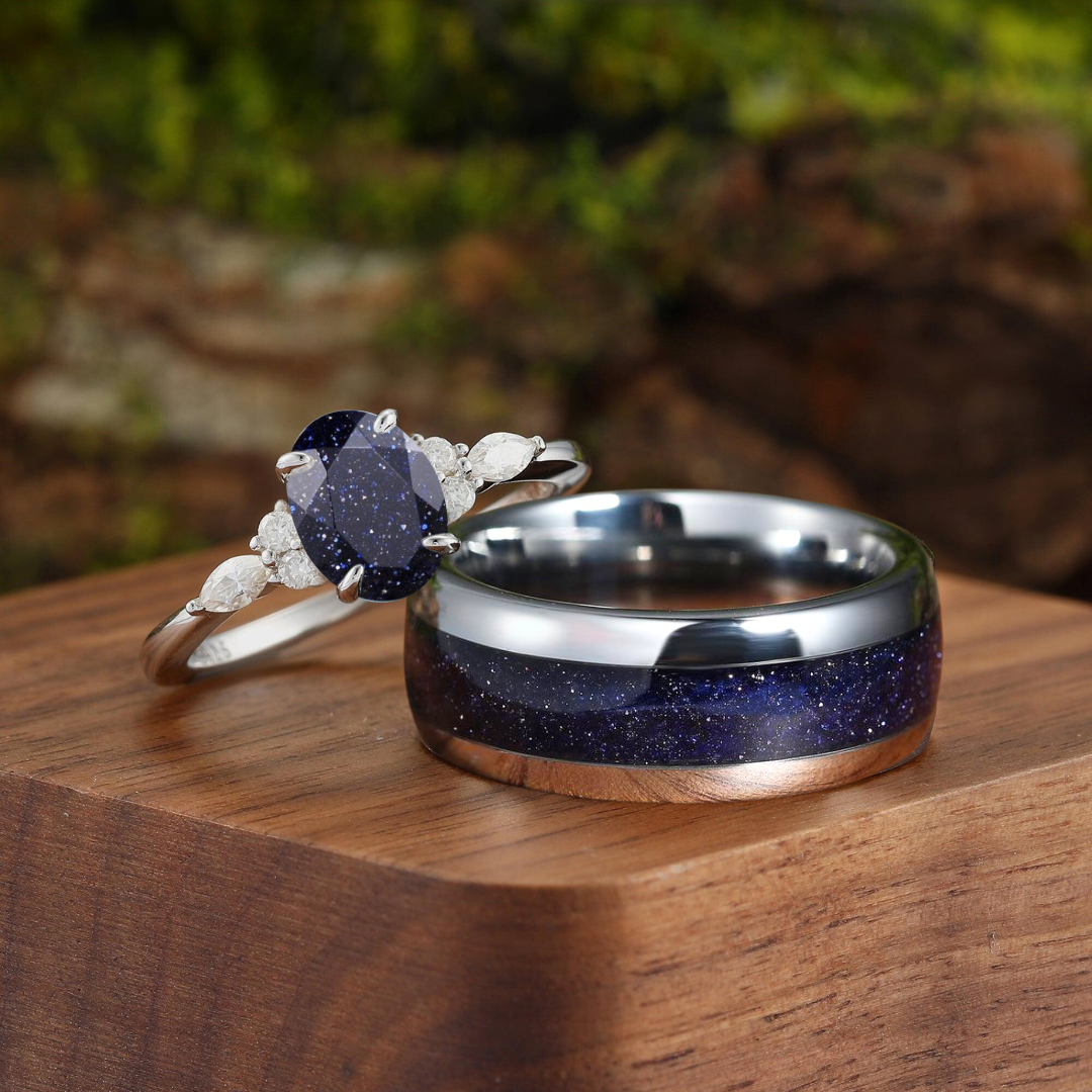 Custom Order - Exquisite Oval Blue Sandstone Accents Engagement Couples Ring Set His And Hers Wedding Bands Marriage Rings