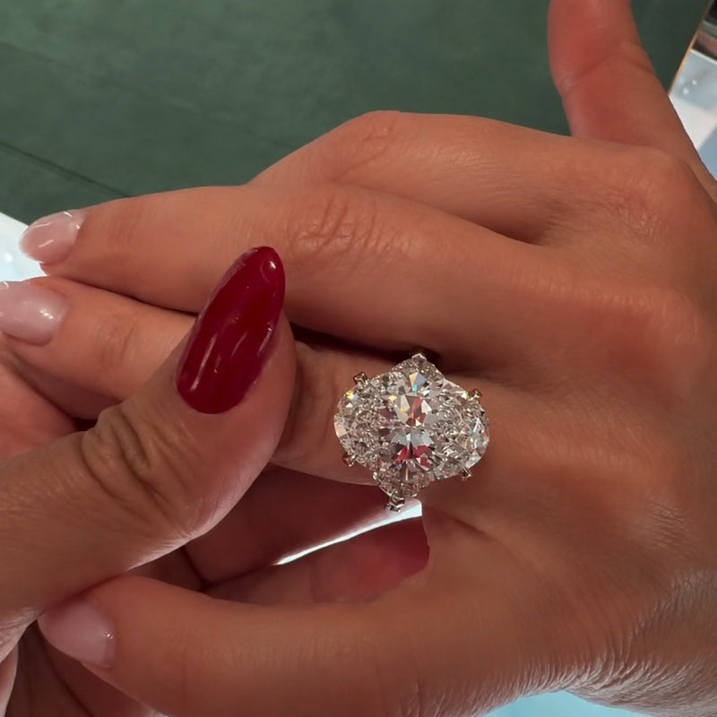 Breathtaking Three-Stone Pave Oval Cut 10.0ct Engagement Ring