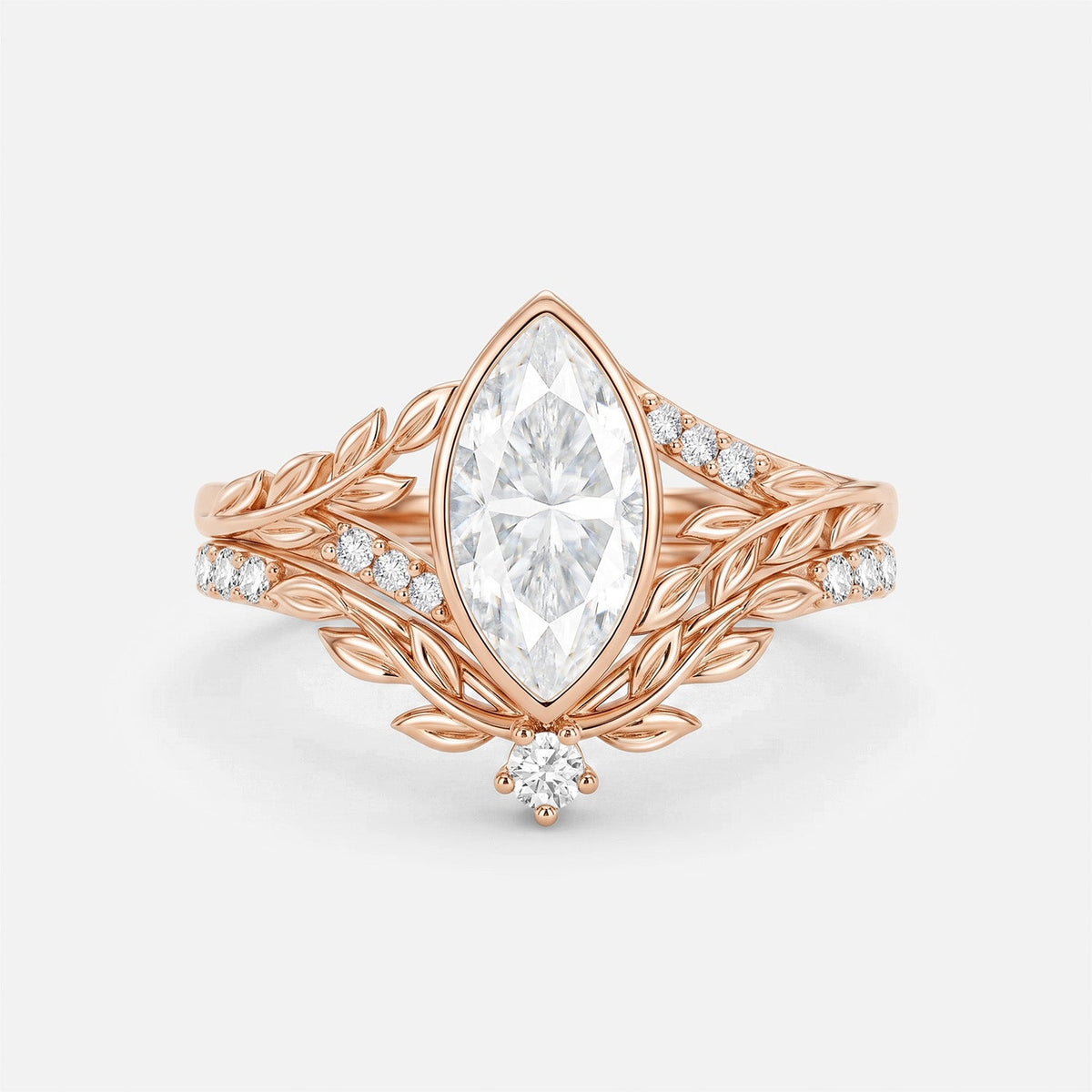 Luminous Reverie - Marquise Moissanite Leaf Vintage Engagement Ring Sets - Rain