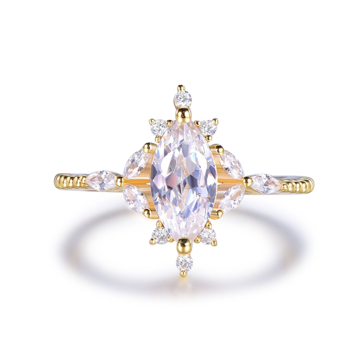 Custom 2 Carat Marquise Moissanite Trio Accent Ball Ring 14K Gold