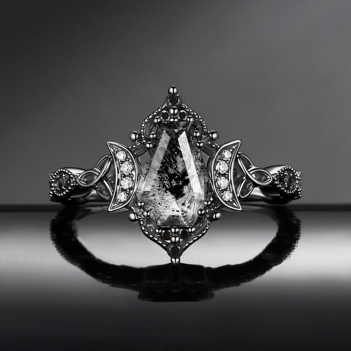 Crescent Moon | Unique Coffin Cut Herkimer Diamond Infinity Celtic Engagement Ring