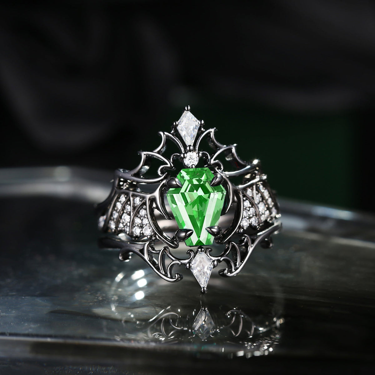 Non-Traditional Coffin Cut Lab Tsavorite Bat Wing Inspired Black Gold Engagement Ring 3pcs