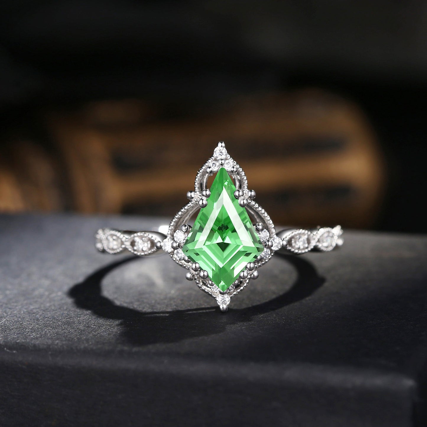 Vintage Inspired Milgrain Kite Cut Lab Tsavorite Antique Engagement Ring