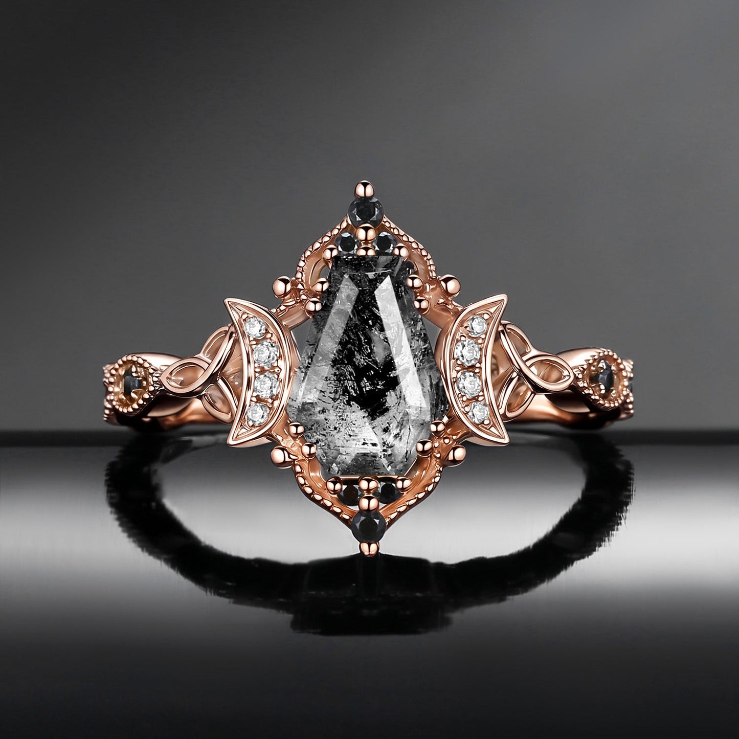 Crescent Moon | Unique Coffin Cut Herkimer Diamond Infinity Celtic Engagement Ring