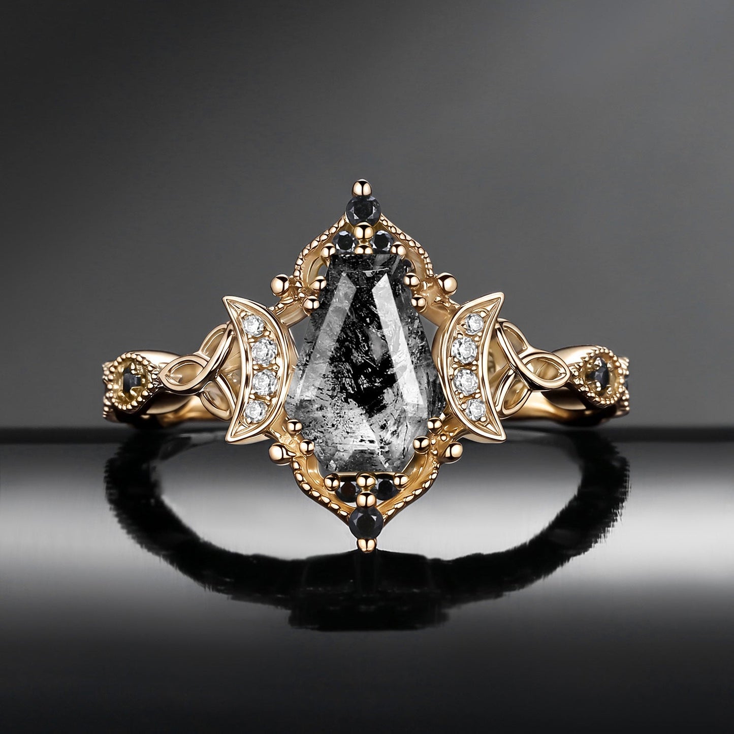 Crescent Moon | Unique Coffin Cut Herkimer Diamond Infinity Celtic Engagement Ring