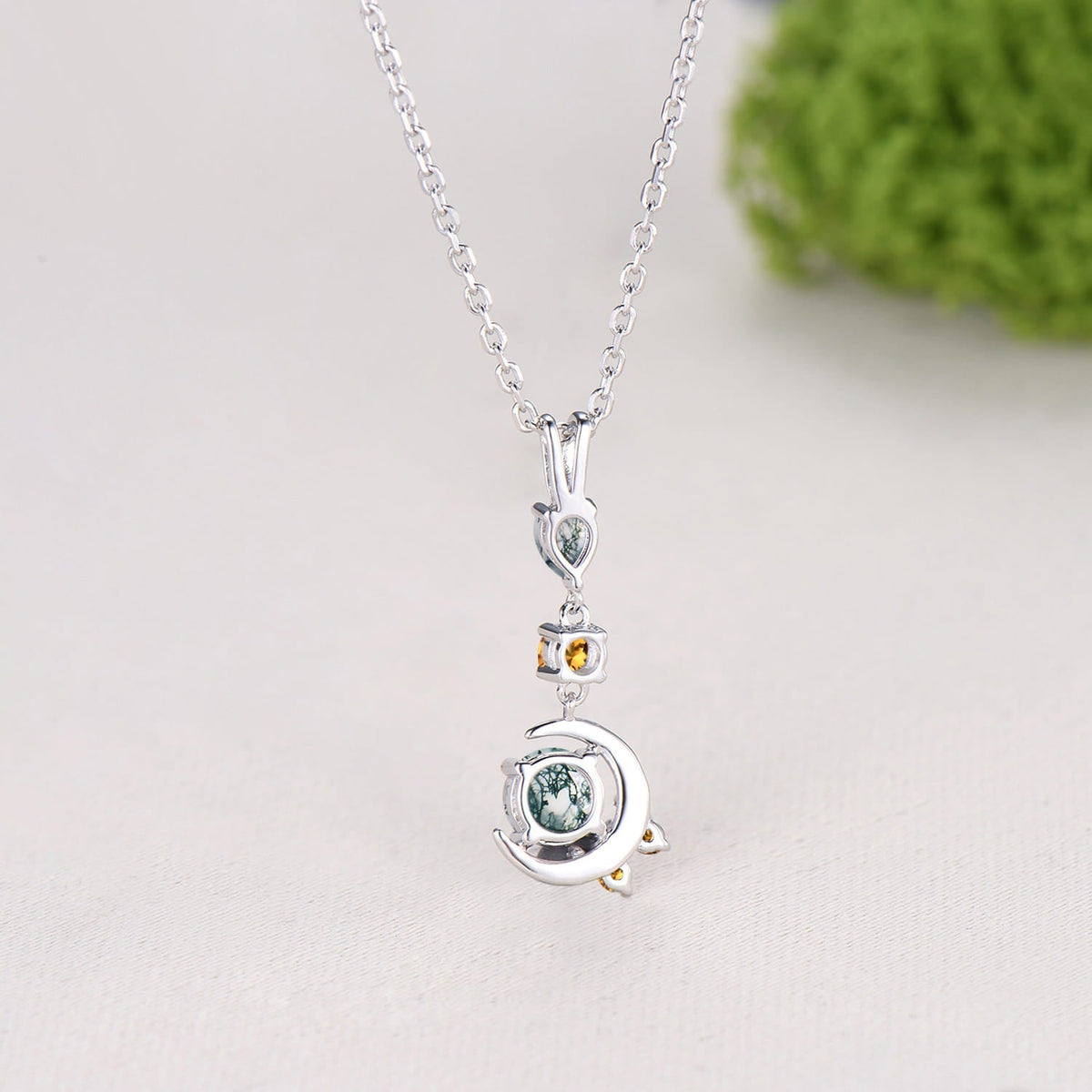 Delicate Round Cut Moss Agate Necklace Moon pendant 14k white gold Cluster citrine Moissanite Necklace Dainty Opal Necklace Proposal gifts