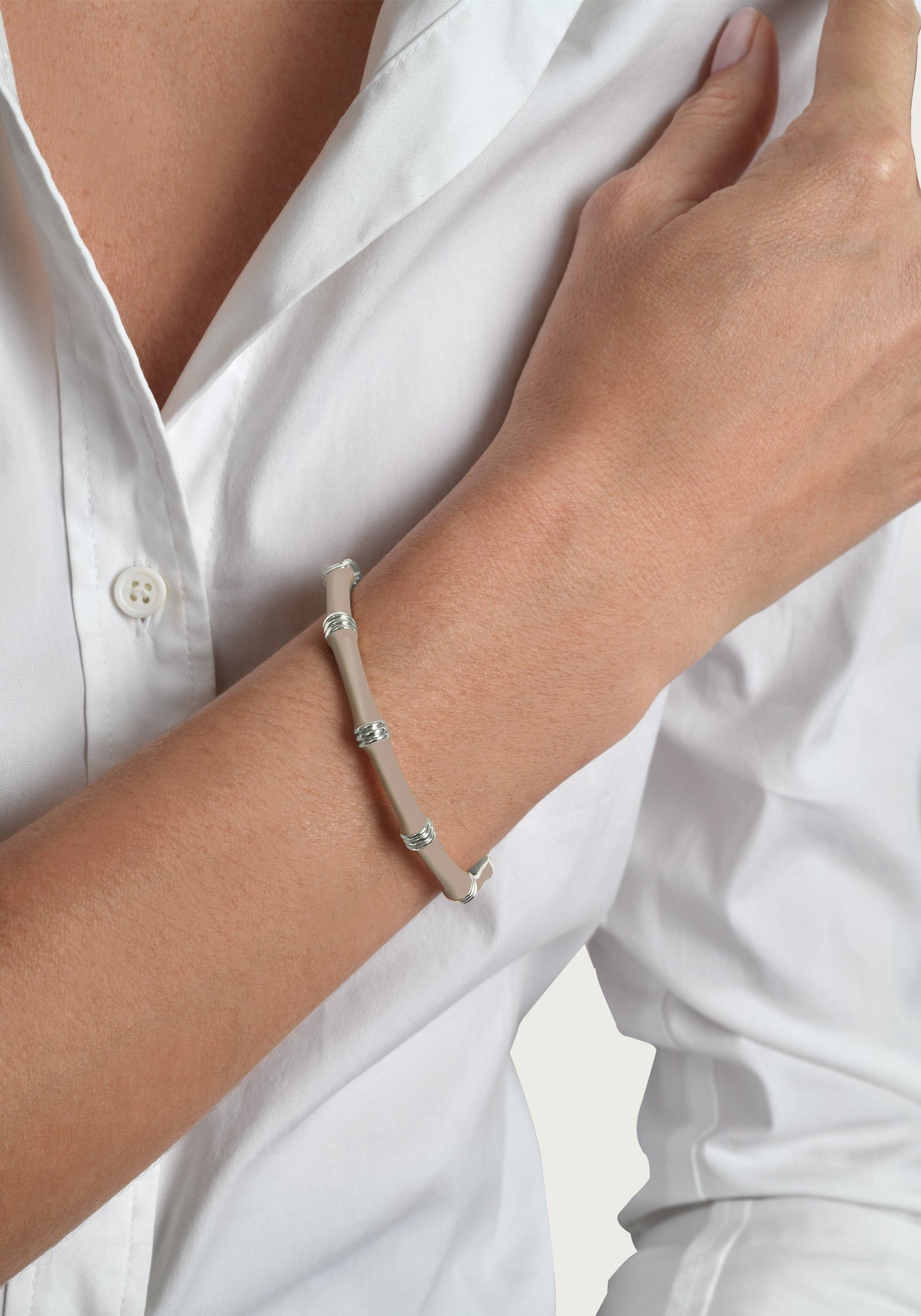Bamboo Enameled Hinged Bangle, Silver