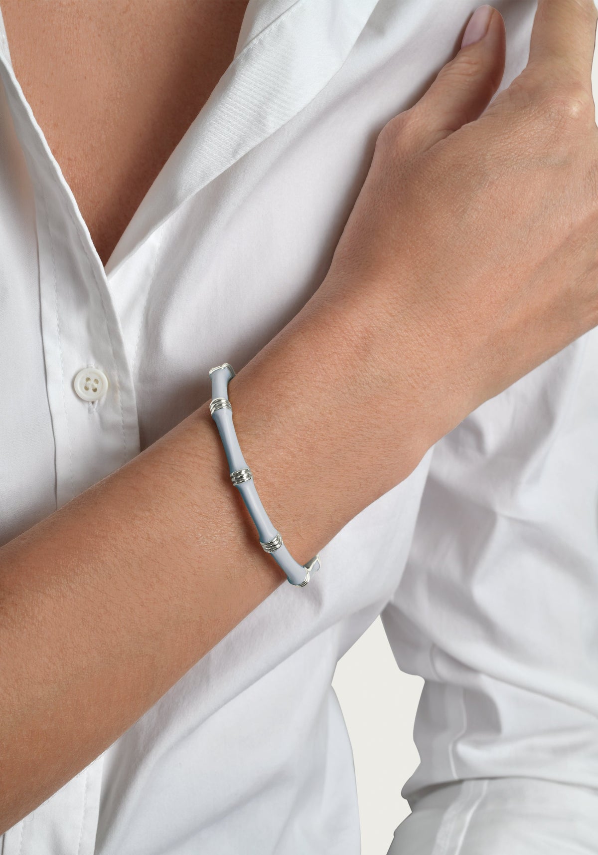 Bamboo Enameled Hinged Bangle, Silver