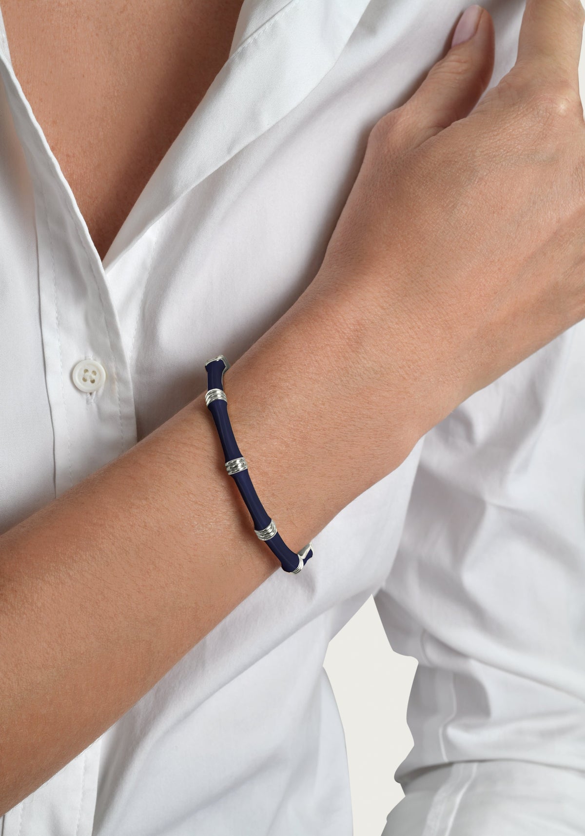 Bamboo Enameled Hinged Bangle, Silver