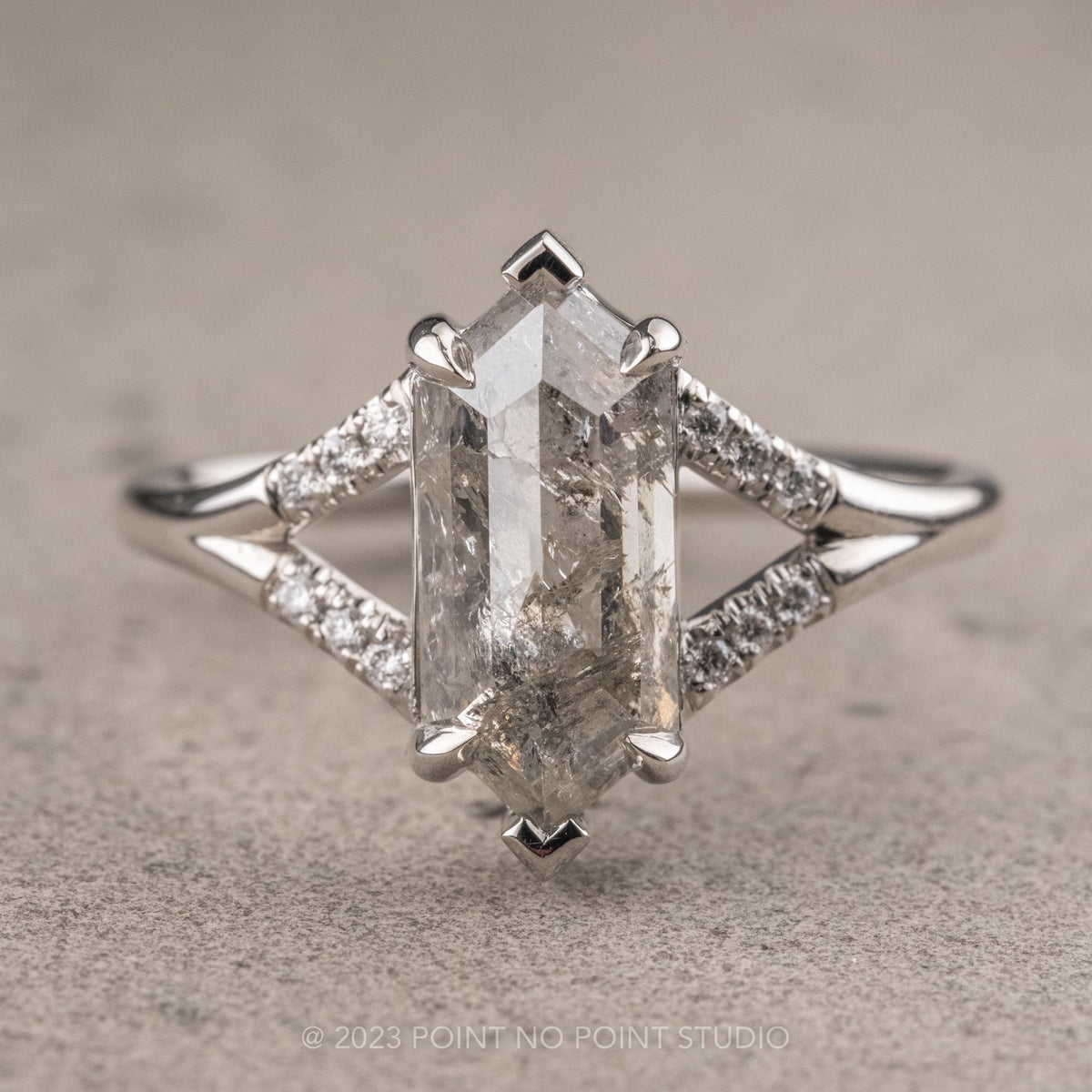 1.85 Carat Salt and Pepper Hexagon Diamond Engagement Ring, Sirena Setting, Platinum