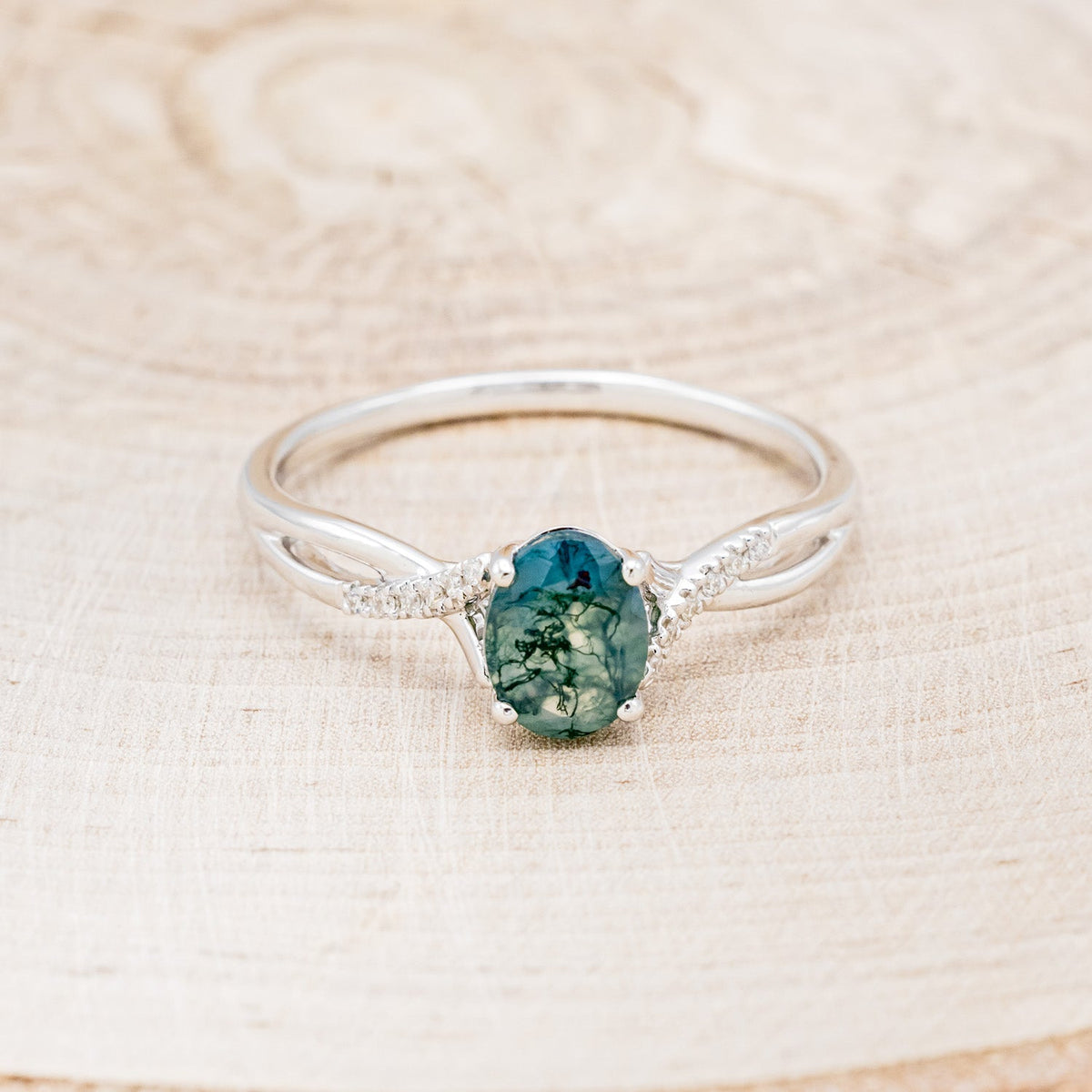 "Roslyn" - Oval Cut Moss Agate Engagement Ring With Diamond Accents